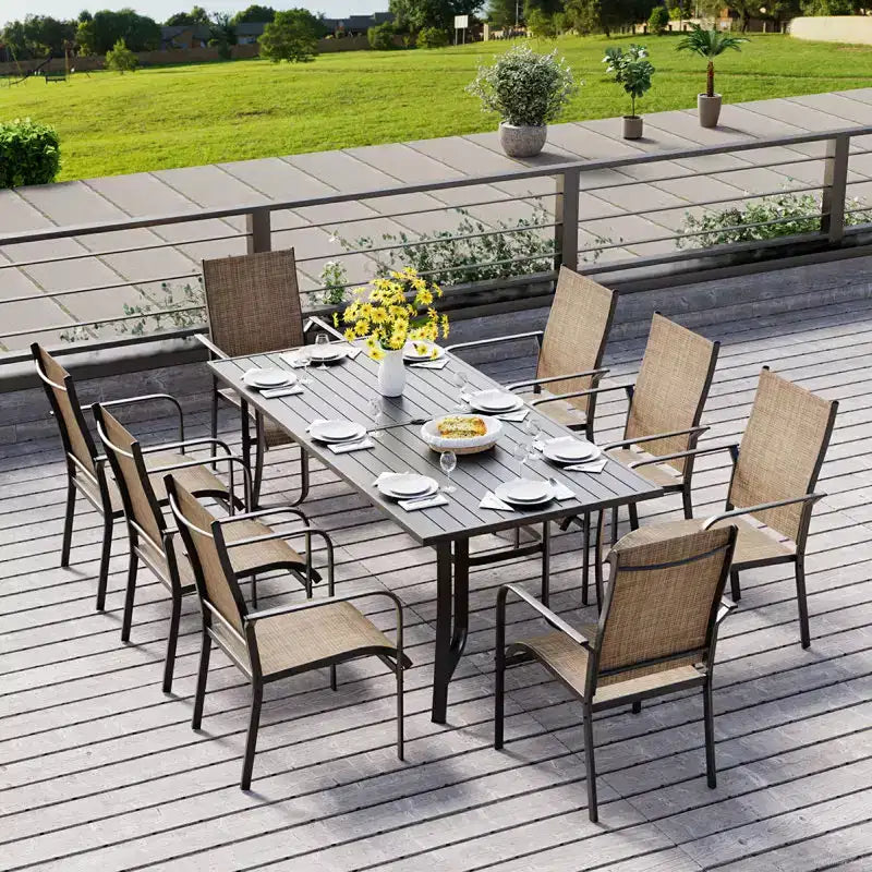 EROMMY 9 Piece Patio Dining Set, Outdoor Dining Table And Chairs Set For 8, 8 Textilene Chairs, 1 Iron Rectangular Table With Adjustable Umbrella Hole