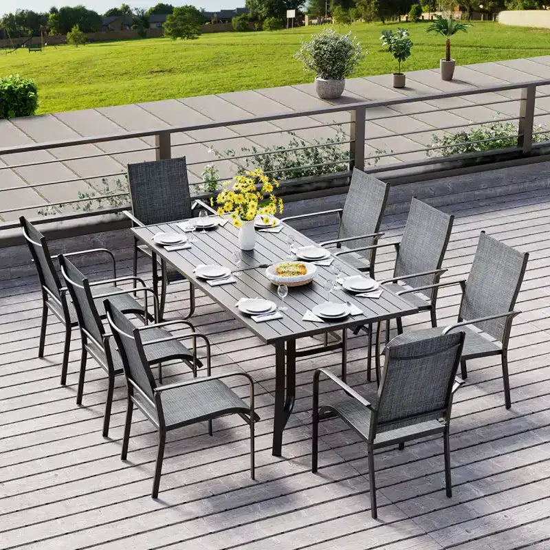 Set da pranzo da esterno EROMMY da 9 pezzi, set tavolo e sedie da esterno per 8 persone, 8 sedie in Textilene, 1 tavolo rettangolare in ferro con foro regolabile per ombrellone