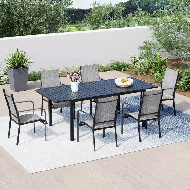 Set da pranzo espandibile EROMMY da 7 pezzi, tavolo e sedie da pranzo per esterni da 4 a 8 persone, 6 sedie in Textilene, 1 tavolo da pranzo espandibile in ferro
