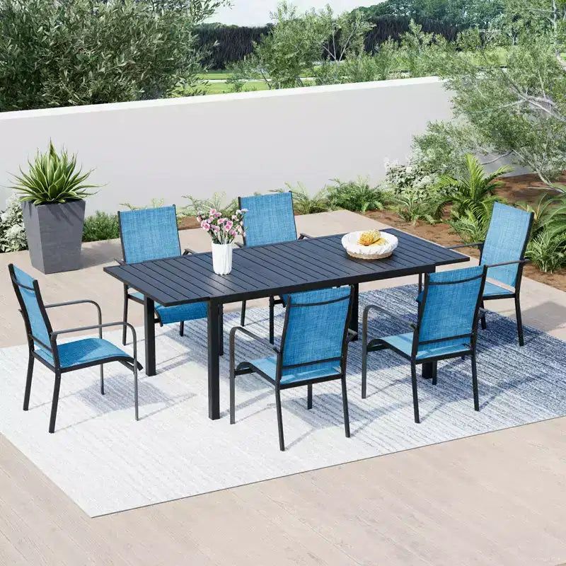Set da pranzo espandibile EROMMY da 7 pezzi, tavolo e sedie da pranzo per esterni da 4 a 8 persone, 6 sedie in Textilene, 1 tavolo da pranzo espandibile in ferro