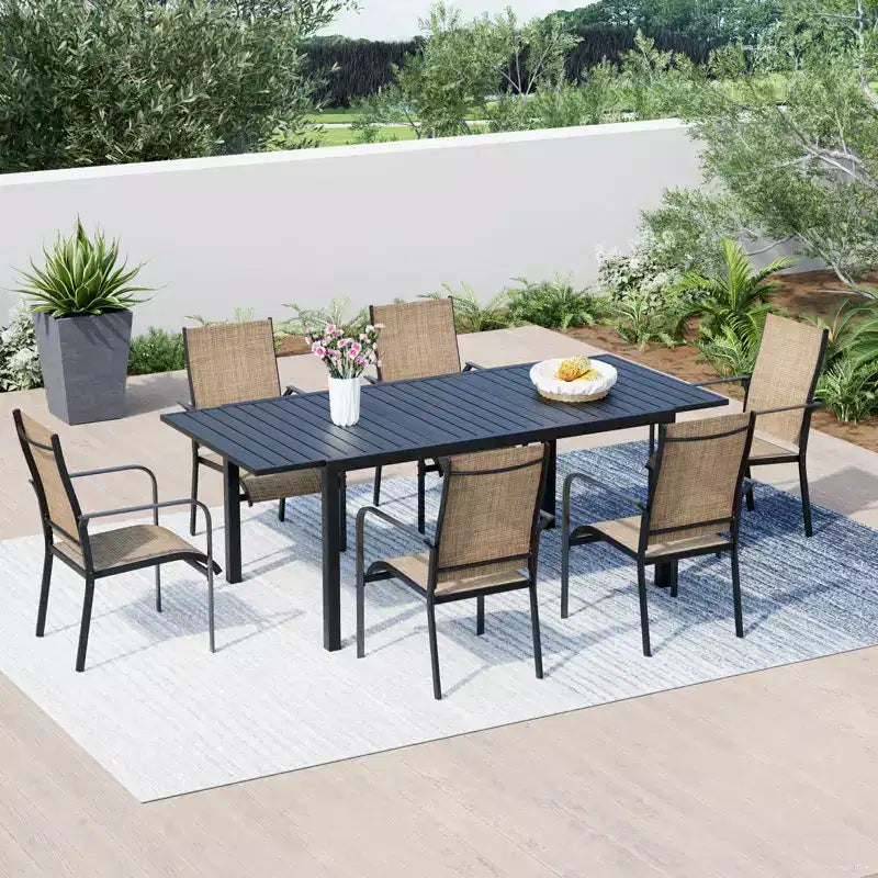 Set da pranzo espandibile EROMMY da 7 pezzi, tavolo e sedie da pranzo per esterni da 4 a 8 persone, 6 sedie in Textilene, 1 tavolo da pranzo espandibile in ferro