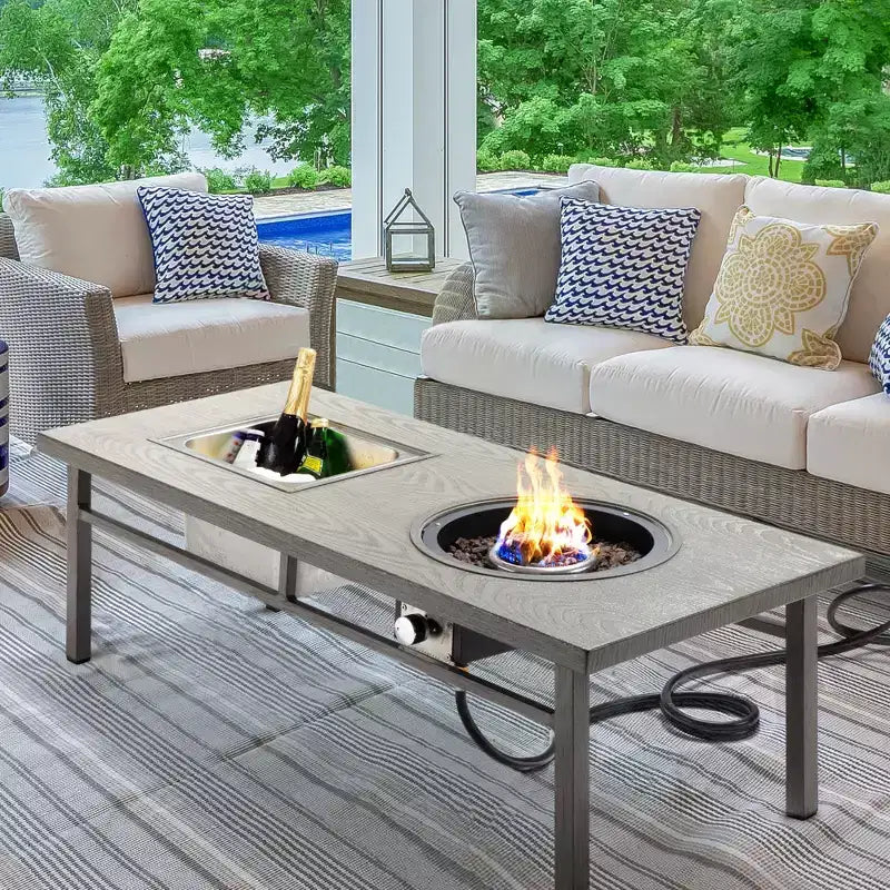 Heynemo Aluminum Propane Fire Pit Table, 4.5 Gallons Ice Bucket, and Lava Rocks, 3-in-1 Coffee Table for Outdoor Patio