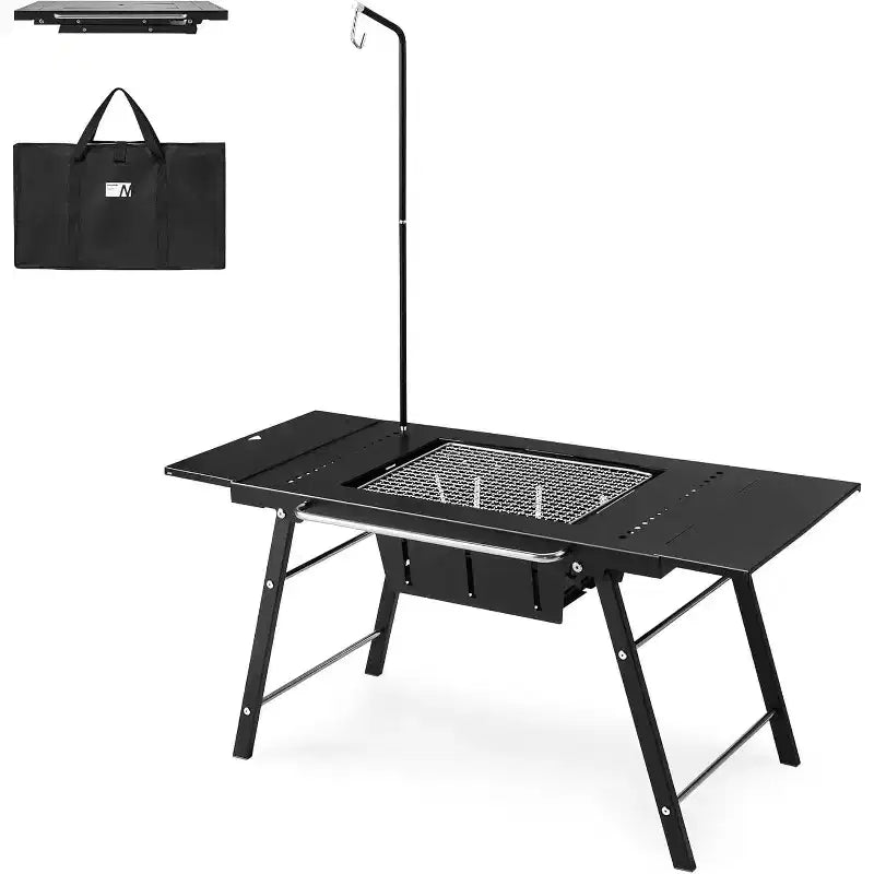Naturehike Portable IGT Table with Charcoal Grill, Folding Camping Table and BBQ Grill with Desk Extension & Lantern Stand