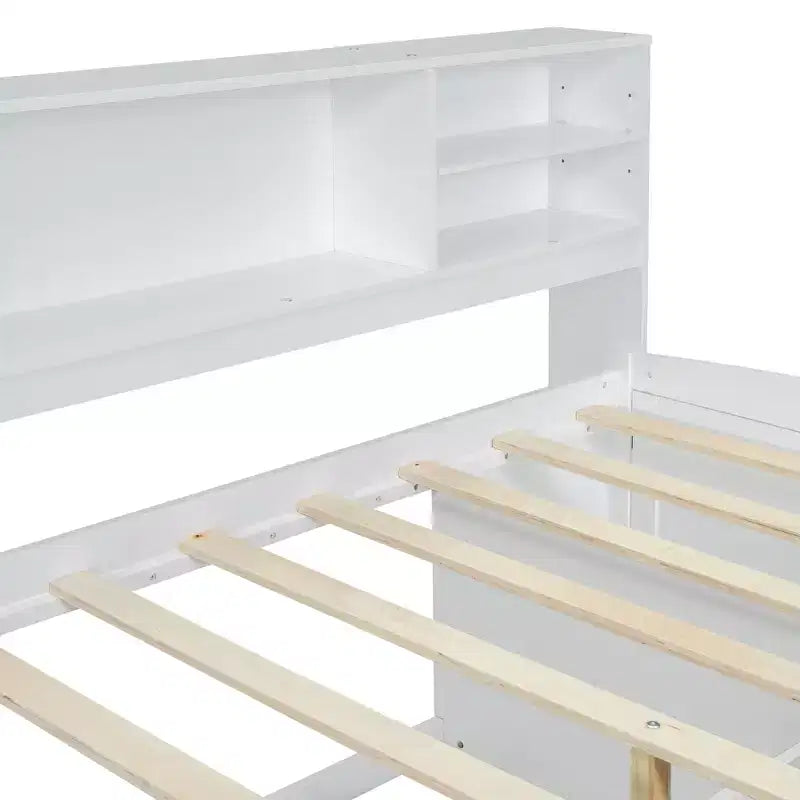 Divano Letto Matrimoniale in Legno Whisen con 2 Comodini, Ripiani Superiori e 4 Cassetti