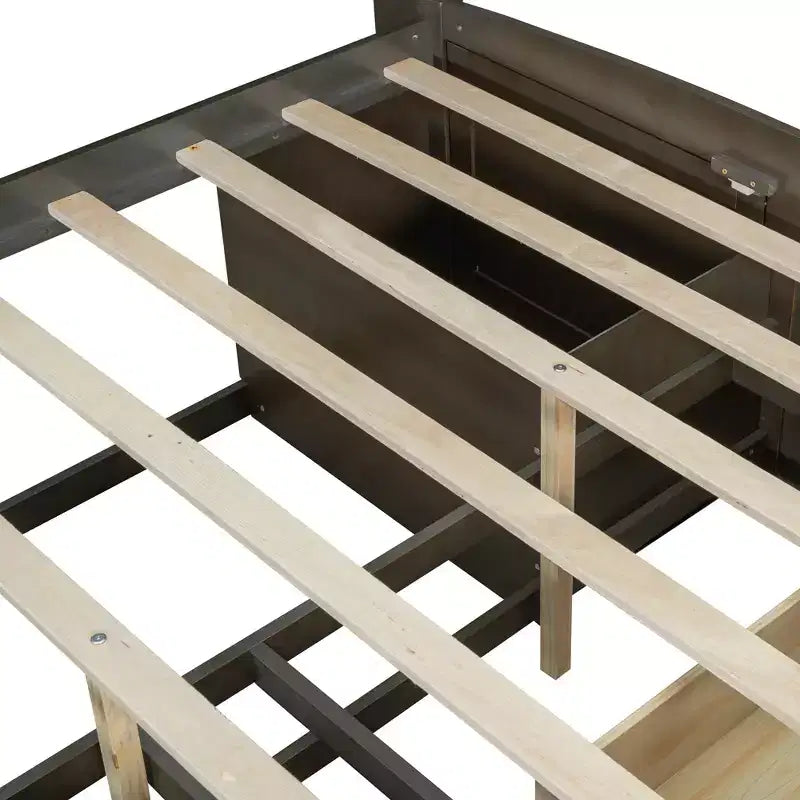 Divano Letto Matrimoniale in Legno Whisen con 2 Comodini, Ripiani Superiori e 4 Cassetti