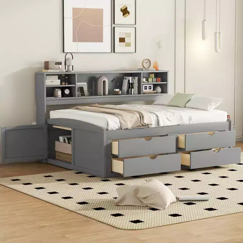 Divano Letto Matrimoniale in Legno Whisen con 2 Comodini, Ripiani Superiori e 4 Cassetti