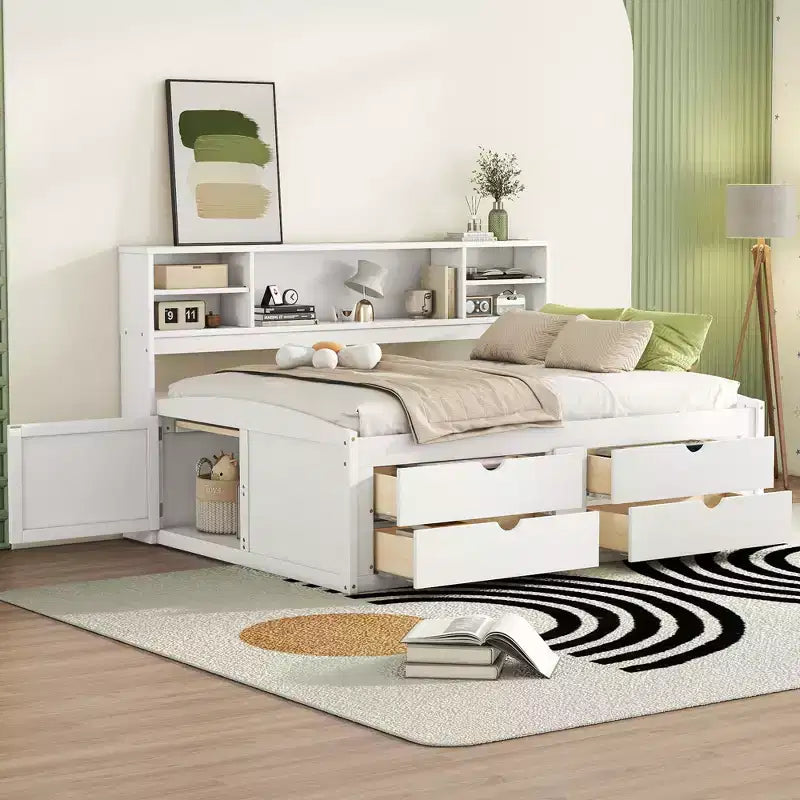 Divano Letto Matrimoniale in Legno Whisen con 2 Comodini, Ripiani Superiori e 4 Cassetti