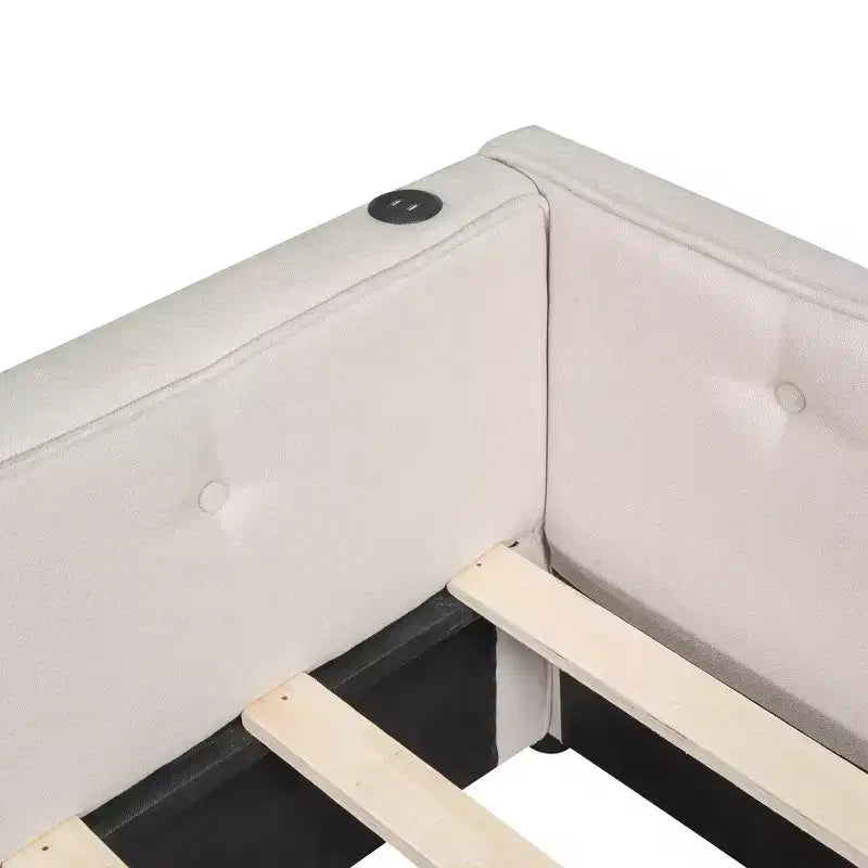 Letto a piattaforma Queen Size, struttura del letto in legno imbottita con porte USB e 2 cassetti, beige - ModernLuxe