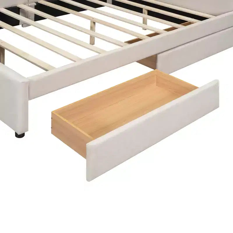 Letto a piattaforma Queen Size, struttura del letto in legno imbottita con porte USB e 2 cassetti, beige - ModernLuxe