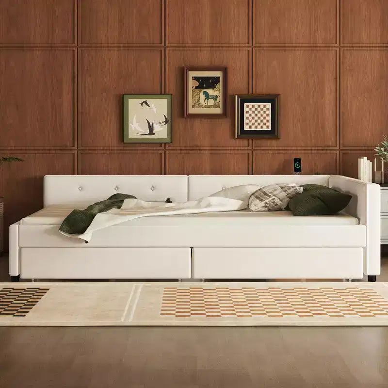 Letto a piattaforma Queen Size, struttura del letto in legno imbottita con porte USB e 2 cassetti, beige - ModernLuxe