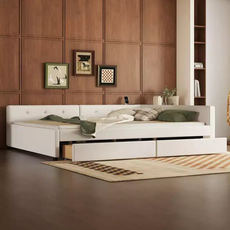 Letto a piattaforma Queen Size, struttura del letto in legno imbottita con porte USB e 2 cassetti, beige - ModernLuxe