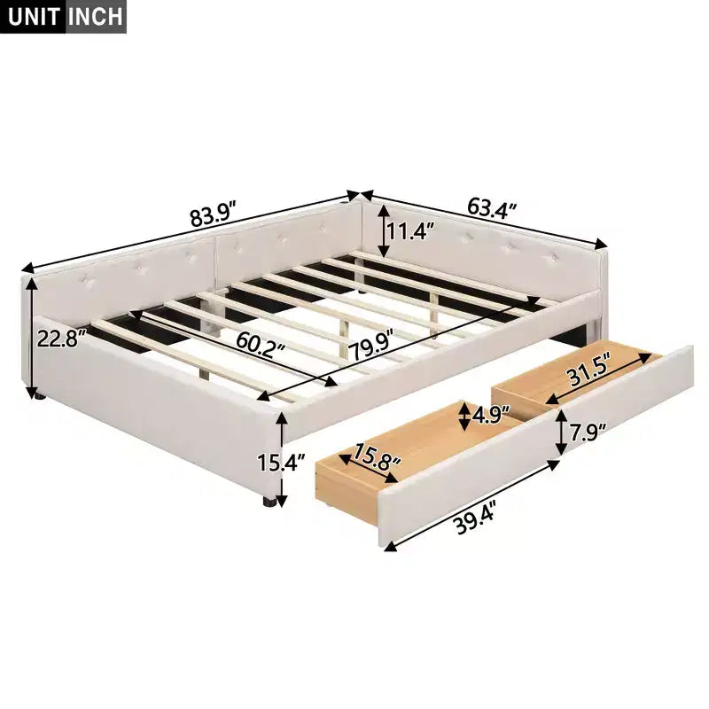 Letto a piattaforma Queen Size, struttura del letto in legno imbottita con porte USB e 2 cassetti, beige - ModernLuxe