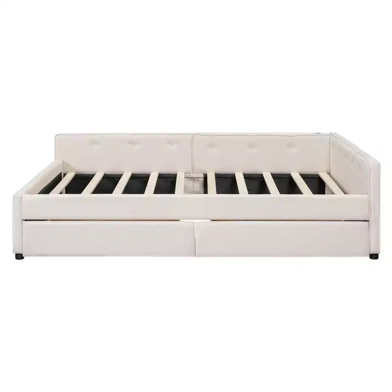 Letto a piattaforma Queen Size, struttura del letto in legno imbottita con porte USB e 2 cassetti, beige - ModernLuxe