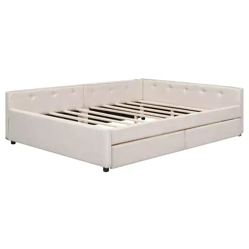 Letto a piattaforma Queen Size, struttura del letto in legno imbottita con porte USB e 2 cassetti, beige - ModernLuxe