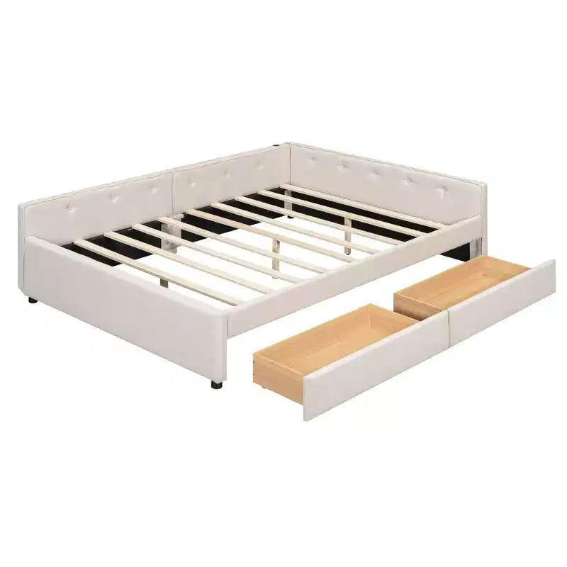 Letto a piattaforma Queen Size, struttura del letto in legno imbottita con porte USB e 2 cassetti, beige - ModernLuxe
