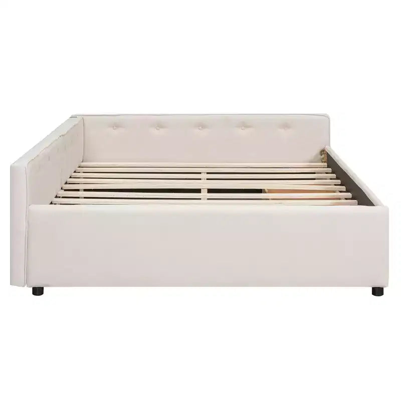 Letto a piattaforma Queen Size, struttura del letto in legno imbottita con porte USB e 2 cassetti, beige - ModernLuxe