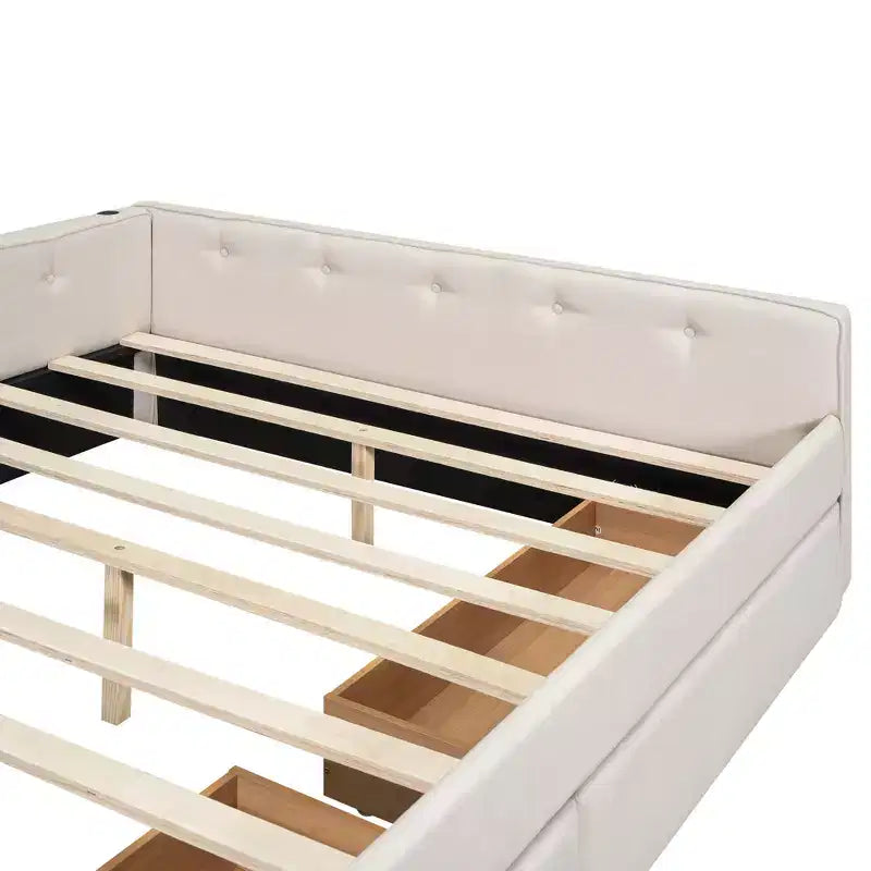 Letto a piattaforma Queen Size, struttura del letto in legno imbottita con porte USB e 2 cassetti, beige - ModernLuxe