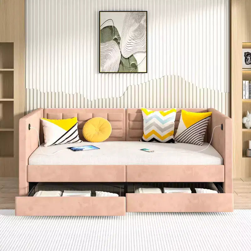 VECELO Twin Daybed with Storage Drawers, Upholstered Day Bed with Button Tufted headboard for Living Room/Bedroom, Built-in USB & Type C Ports, Brown