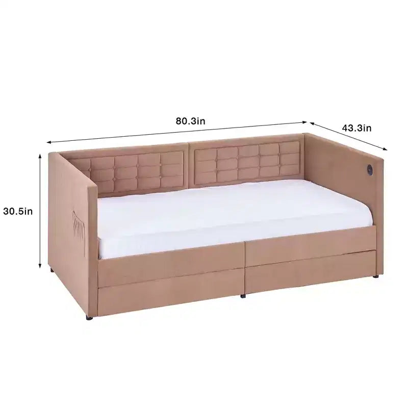 VECELO Divano Letto Singolo con Cassetti Contenitore, Divano Letto Imbottito con Testiera Trapuntata a Bottoni per Soggiorno/Camera da Letto, Porte USB e Type-C Integrate, Marrone
