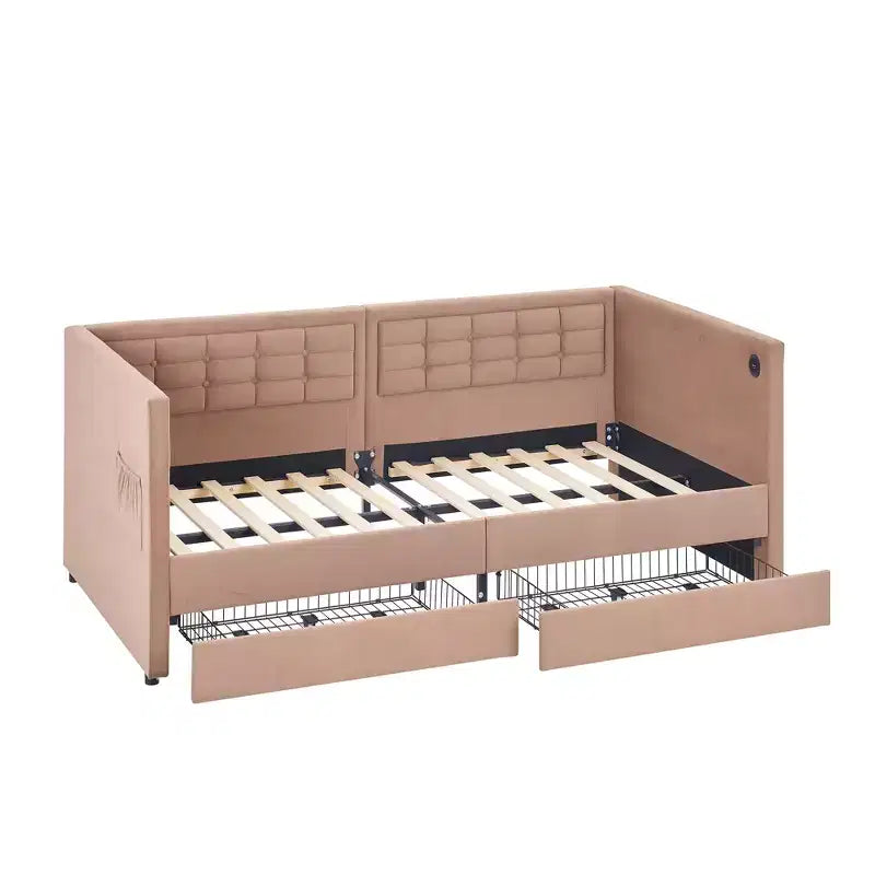 VECELO Divano Letto Singolo con Cassetti Contenitore, Divano Letto Imbottito con Testiera Trapuntata a Bottoni per Soggiorno/Camera da Letto, Porte USB e Type-C Integrate, Marrone