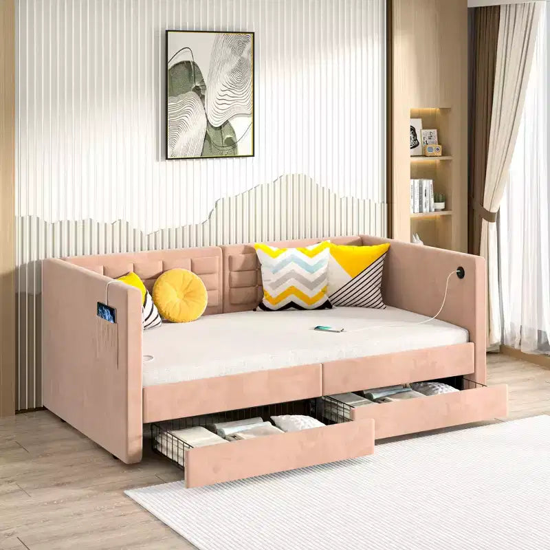 VECELO Divano Letto Singolo con Cassetti Contenitore, Divano Letto Imbottito con Testiera Trapuntata a Bottoni per Soggiorno/Camera da Letto, Porte USB e Type-C Integrate, Marrone