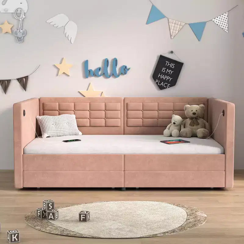 VECELO Divano Letto Singolo con Cassetti Contenitore, Divano Letto Imbottito con Testiera Trapuntata a Bottoni per Soggiorno/Camera da Letto, Porte USB e Type-C Integrate, Marrone