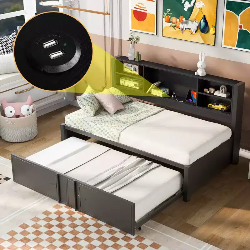 Letto a giorno in metallo Whisen, una piazza, con letto estraibile, ripiani e porte USB