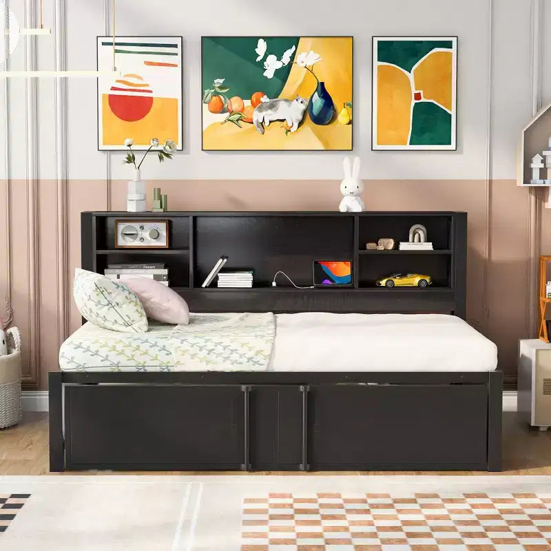 Letto a giorno in metallo Whisen, una piazza, con letto estraibile, ripiani e porte USB