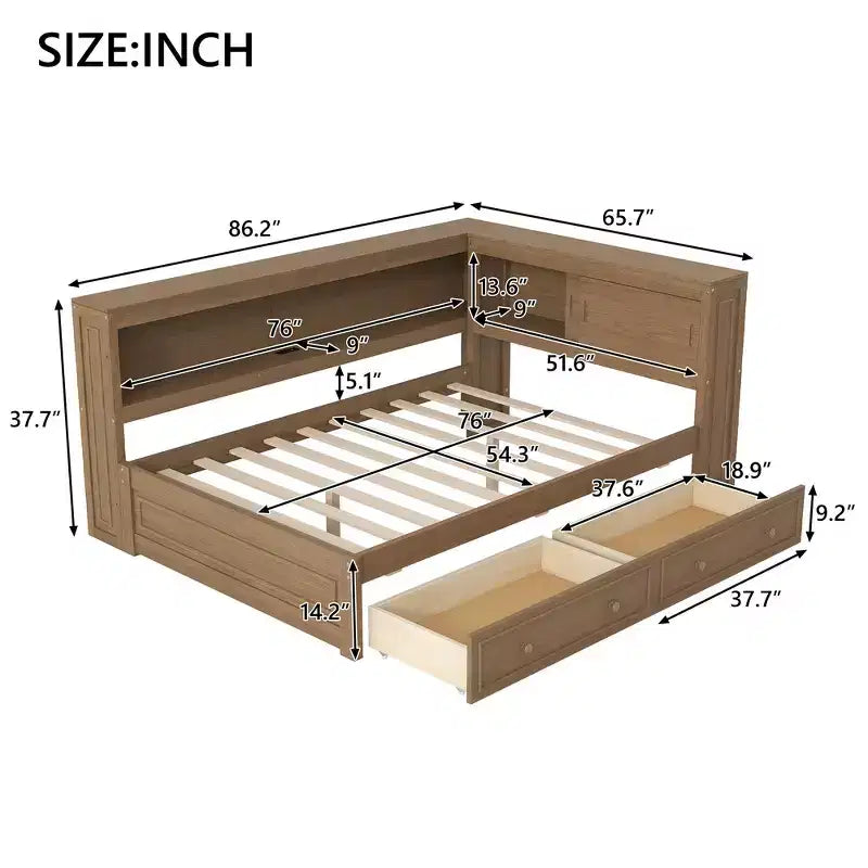 Daybed in legno Full Size Whisen con ripiani portaoggetti, USB, LED e letto estraibile a rotelle