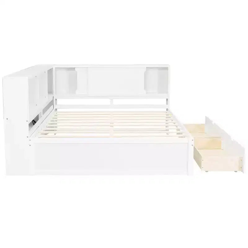 Daybed in legno Full Size Whisen con ripiani portaoggetti, USB, LED e letto estraibile a rotelle