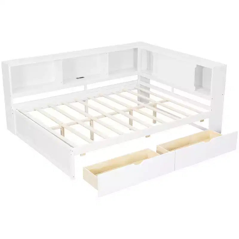 Daybed in legno Full Size Whisen con ripiani portaoggetti, USB, LED e letto estraibile a rotelle