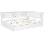 Daybed in legno Full Size Whisen con ripiani portaoggetti, USB, LED e letto estraibile a rotelle