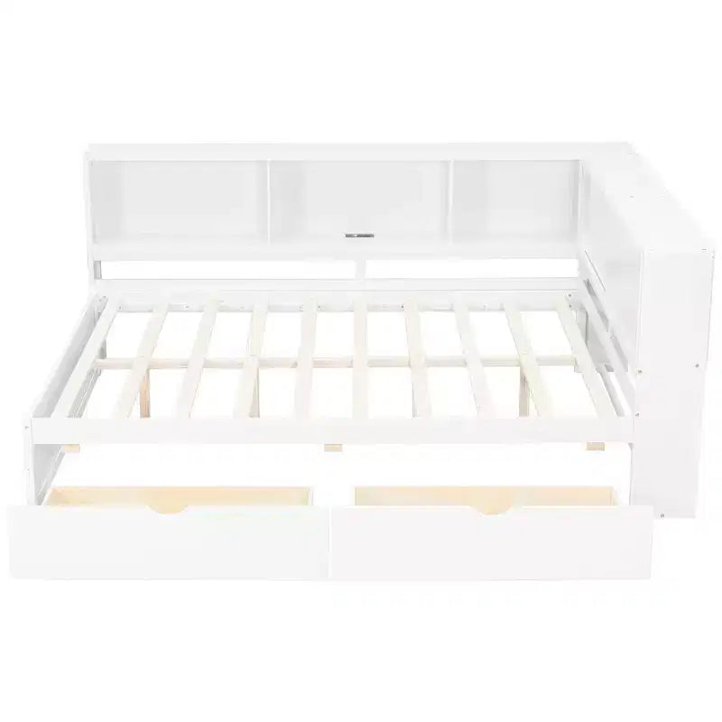 Daybed in legno Full Size Whisen con ripiani portaoggetti, USB, LED e letto estraibile a rotelle