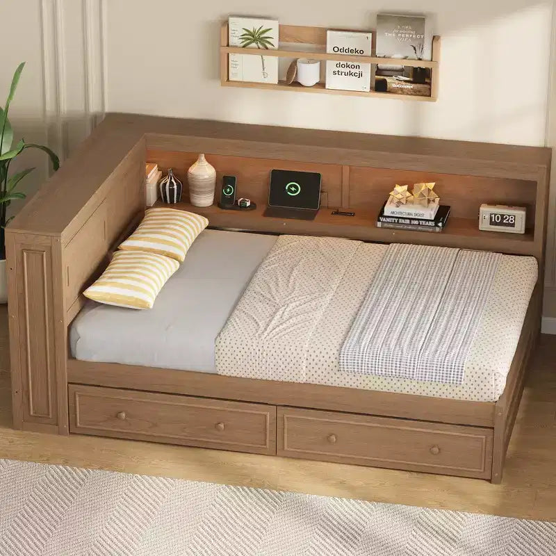 Daybed in legno Full Size Whisen con ripiani portaoggetti, USB, LED e letto estraibile a rotelle