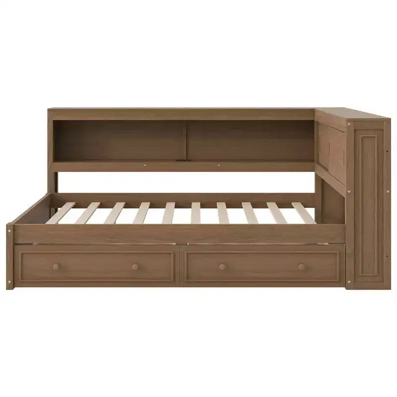 Daybed in legno Full Size Whisen con ripiani portaoggetti, USB, LED e letto estraibile a rotelle