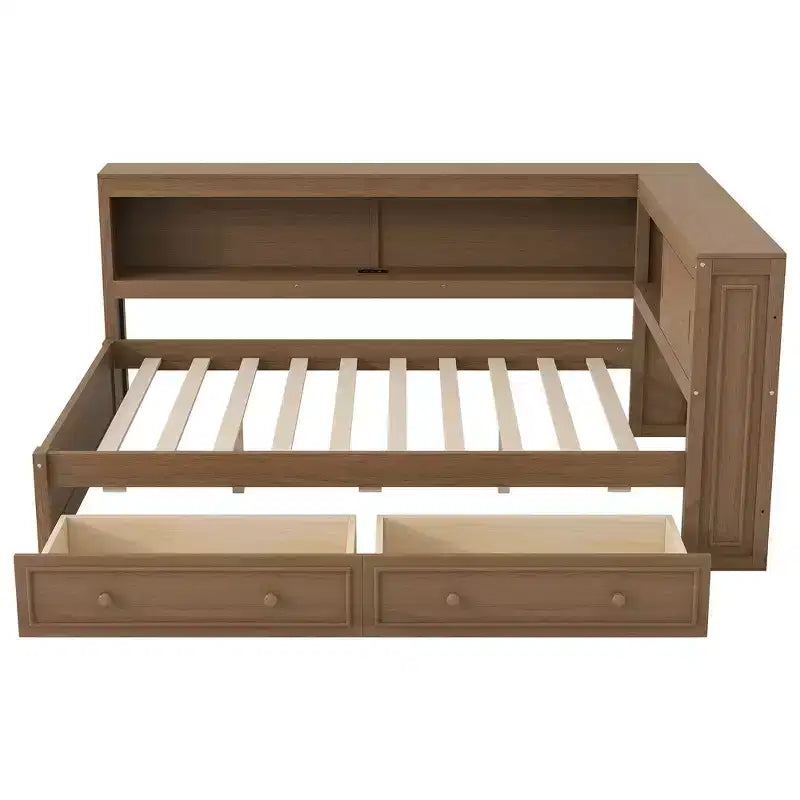 Daybed in legno Full Size Whisen con ripiani portaoggetti, USB, LED e letto estraibile a rotelle
