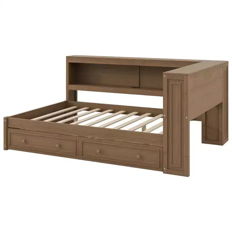 Daybed in legno Full Size Whisen con ripiani portaoggetti, USB, LED e letto estraibile a rotelle