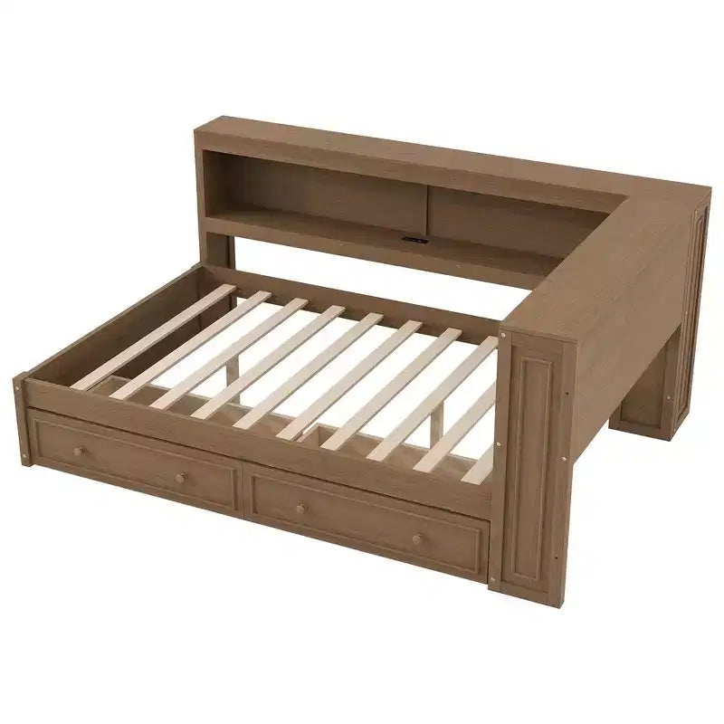 Daybed in legno Full Size Whisen con ripiani portaoggetti, USB, LED e letto estraibile a rotelle
