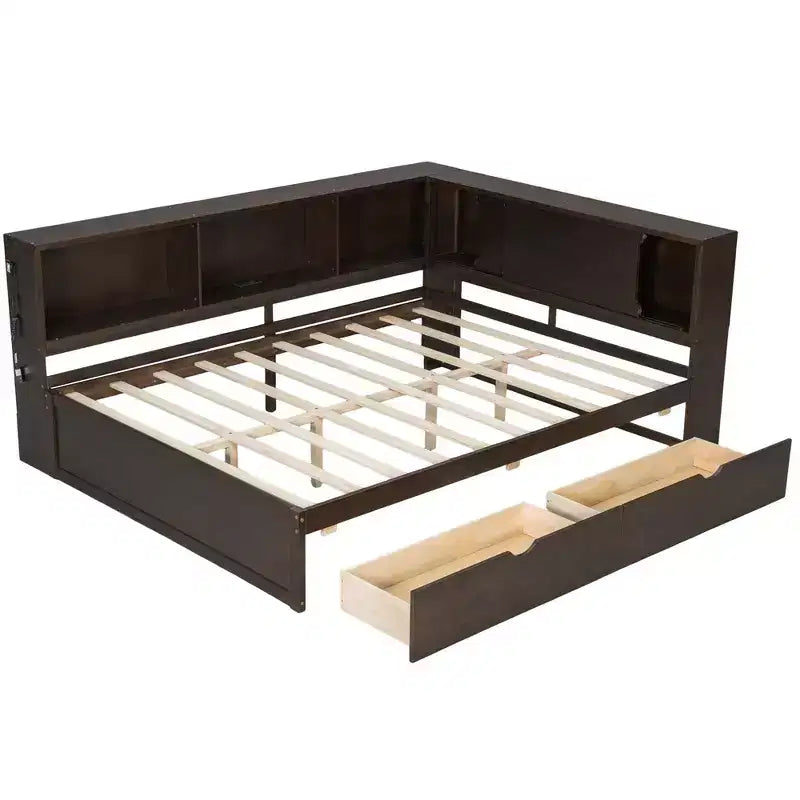 Daybed in legno Full Size Whisen con ripiani portaoggetti, USB, LED e letto estraibile a rotelle
