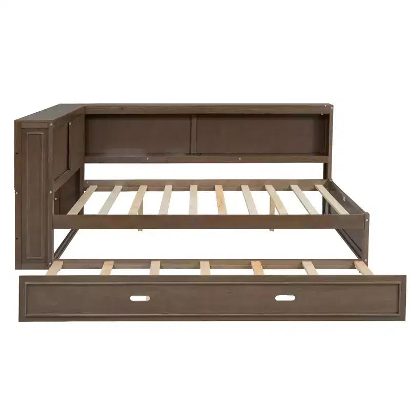 Daybed in legno Full Size Whisen con ripiani portaoggetti, USB, LED e letto estraibile a rotelle