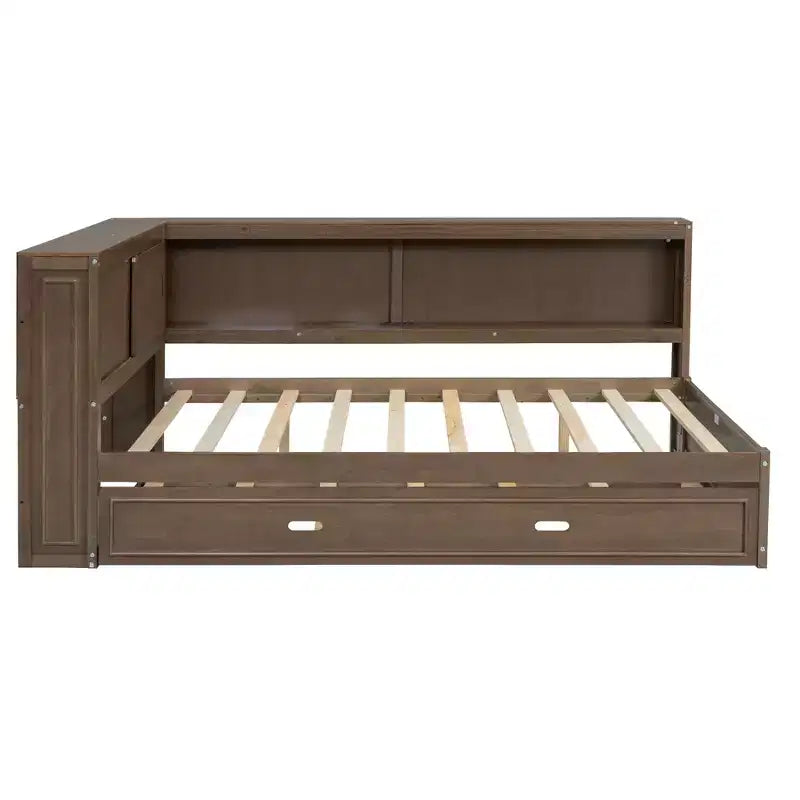 Daybed in legno Full Size Whisen con ripiani portaoggetti, USB, LED e letto estraibile a rotelle
