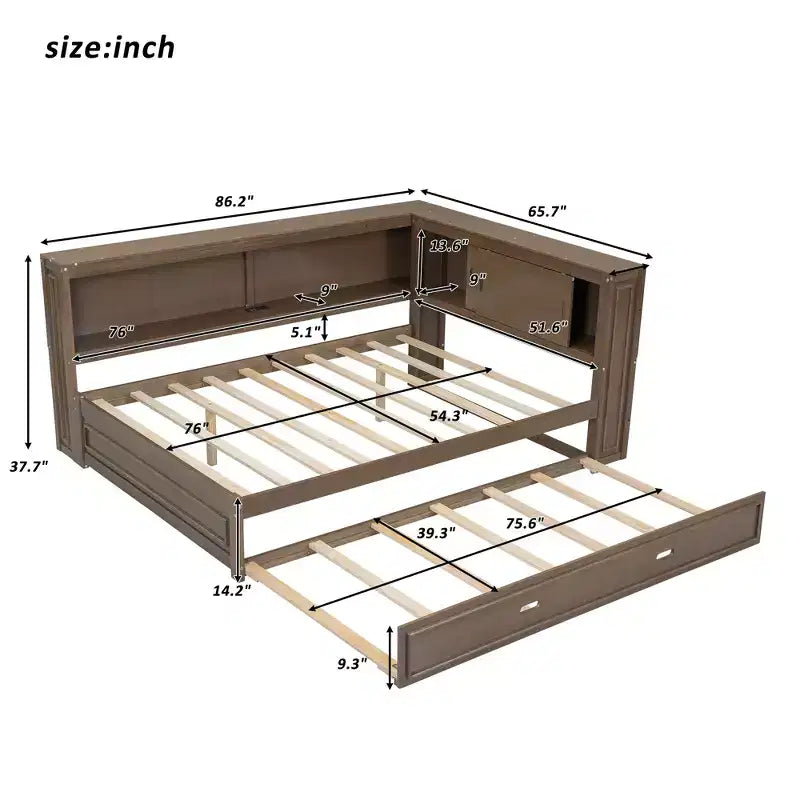 Daybed in legno Full Size Whisen con ripiani portaoggetti, USB, LED e letto estraibile a rotelle