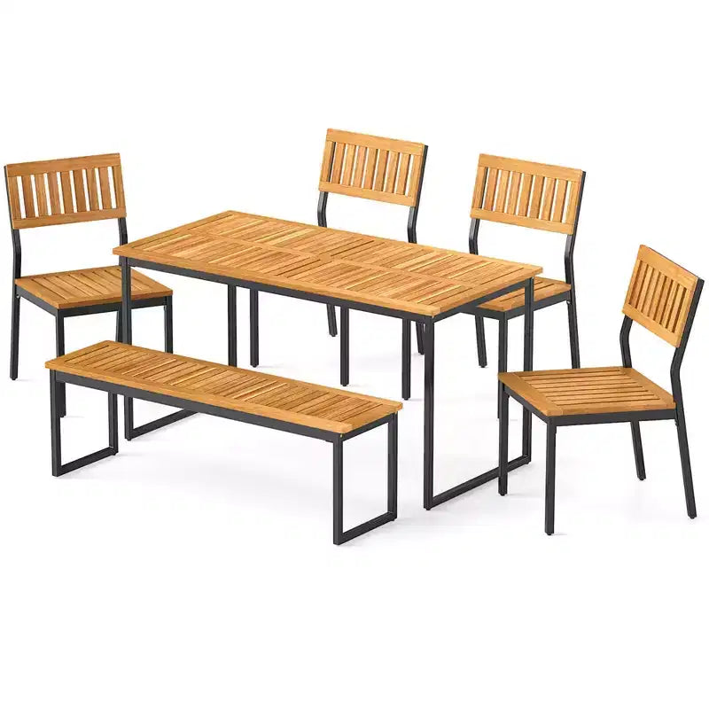 Costway Set da Pranzo per Esterni 6 Pezzi in Legno di Acacia con Panca e 2 Fori per Ombrellone per Patio Esterno