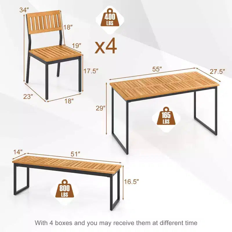 Costway Set da Pranzo per Esterni 6 Pezzi in Legno di Acacia con Panca e 2 Fori per Ombrellone per Patio Esterno