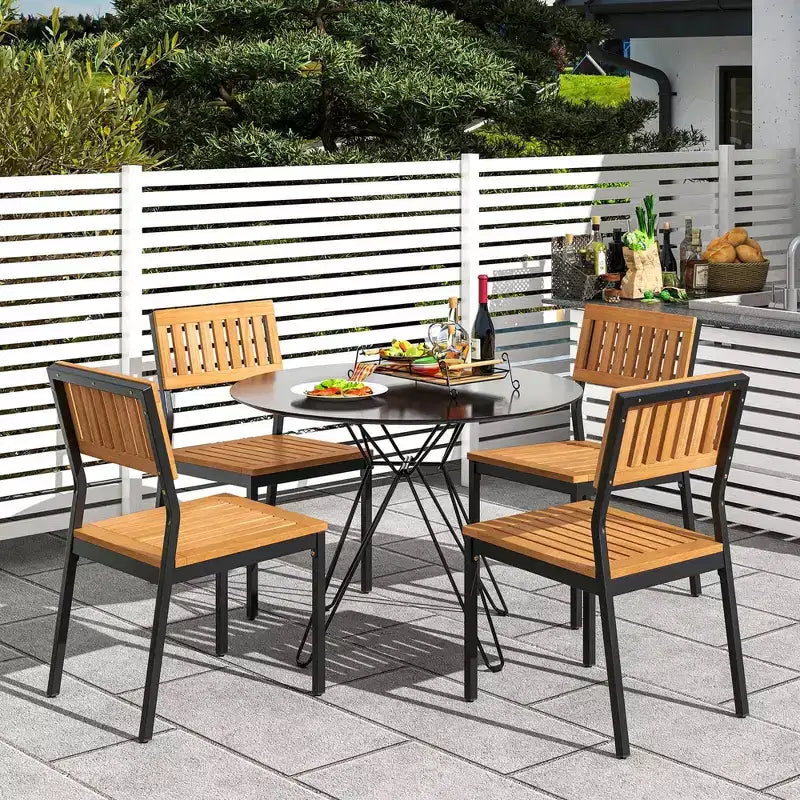 Costway Set da Pranzo per Esterni 6 Pezzi in Legno di Acacia con Panca e 2 Fori per Ombrellone per Patio Esterno
