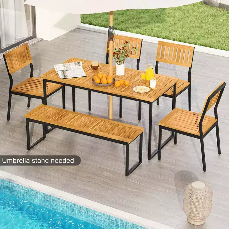 Costway Set da Pranzo per Esterni 6 Pezzi in Legno di Acacia con Panca e 2 Fori per Ombrellone per Patio Esterno