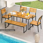 Costway Set da Pranzo per Esterni 6 Pezzi in Legno di Acacia con Panca e 2 Fori per Ombrellone per Patio Esterno