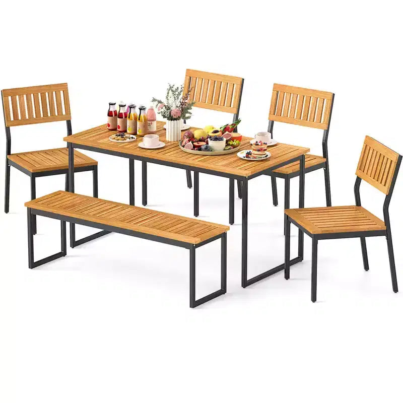 Costway Set da Pranzo per Esterni 6 Pezzi in Legno di Acacia con Panca e 2 Fori per Ombrellone per Patio Esterno