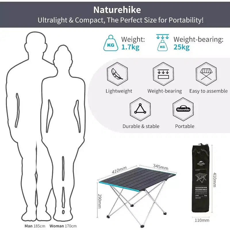 Naturehike FT08 Tavolo da campeggio portatile, Tavolo da spiaggia pieghevole ultraleggero in alluminio con borsa per il trasporto per cucina all'aperto, Picnic, Campeggio, Barca, Viaggi