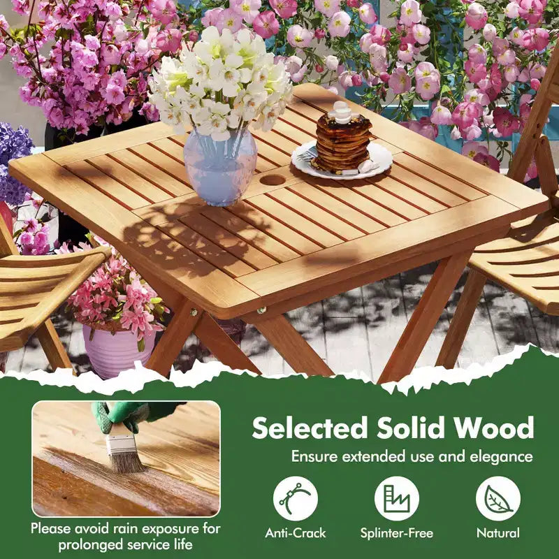 Tavolo da pranzo da esterno Costway 1/2 pz 29.5 x 29.5 con finitura effetto teak e 2 fori per ombrellone per balcone